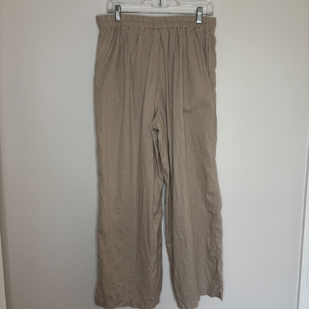 PACIBE Pull On 100% Linen Pants Womens L Wide-Leg Tan Pleats Pockets Lightweight - Picture 2 of 9